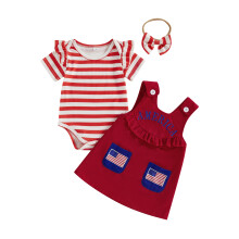 (12-18 Months, Red) Conjunto para Bebê Menina: Macacão Curto com Laço e Vestido Jardineira Bordado - Roupa para o 4 de Julho