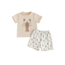 (6-12 Months, Beige) Conjunto infantil de verão: camiseta de manga curta com estampa de lagosta e shorts com elástico na cintura.