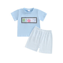 (12-18 Months, Blue) Conjunto de verão para meninos pequenos: camiseta de manga curta com gola redonda e bordados, e shorts xadrez.