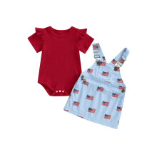 (18-24 Months, Red) Conjunto bebê menina 4 de julho: body curto + vestido jardineira bandeira. Roupa recém-nascida.