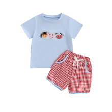(5-6 Years, Blue) Conjunto de verano para niños: camisetas de manga corta y pantalones cortos a cuadros (2 piezas).