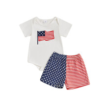 (6-12 Months, White) Conjunto de 2 peças para bebê com tema do 4 de julho: body curto e shorts, bordado da bandeira americana.