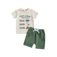 (2-3 Years, Apricot) Conjunto de verão para bebê menino: camiseta curta com estampa de veículos + shorts. Roupa infantil completa.