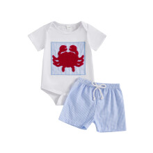 (3-6 Months, White) Conjunto de verão para bebê menino: macacão de manga curta com bordado de caranguejo e shorts xadrez. 2 peças.