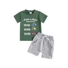 (4-5 Years, Green) Conjunto de verão para bebê menino: camiseta curta com estampa de veículos + shorts. Roupa infantil completa.