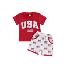 (12-18 Months, Red) Conjunto de shorts para bebê menino, camiseta com bordado e shorts de bandeira, roupa de verão para o 4 de julho.
