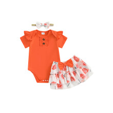 (2-3 Years, Orange) Conjunto de verão para bebês meninas: saia, body de mangas curtas e faixa de cabelo.
