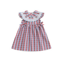 (3-4 Years, Multi-Color) Vestido de cuadros bordado con cuello de muñeca y mangas voladoras para niñas del 4 de julio en verano