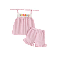 (2-3 Years, Pink) Conjunto de verão para bebê menina: blusa listrada sem mangas com bordado de sorvete e shorts com babados (2 peças).