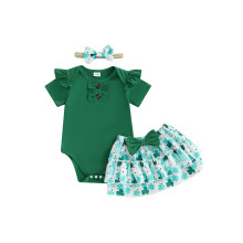 (12-18 Months, Green) Conjunto de verão para bebês meninas: saia, body de mangas curtas e faixa de cabelo.