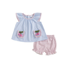 (12-18 Months, Sky Blue) Conjunto de verão para bebês meninas com blusa bufante e shorts de bolinhas. Roupa fofa e moderna.