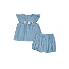 (4-5 Years, Blue) Conjunto de 2 peças para meninas: blusa com mangas bufantes e estampa floral 3D, shorts de algodão e linho.
