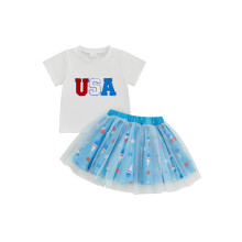 (2-3 Years, White) Conjunto infantil feminino: camiseta curta com letras e saia de tule estampada de picolé.