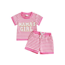 (18-18 Months, Pink) Conjunto de duas peças para meninas pequenas: blusa listrada de manga curta com gola redonda e shorts com cordão.