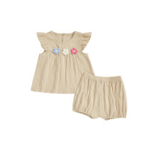 (2-3 Years, Khaki) Conjunto de 2 peças para meninas: blusa com mangas bufantes e estampa floral 3D, shorts de algodão e linho.