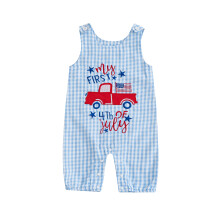 (0-3 Months, Blue) Salopette corta per neonati, senza maniche, con stampa a quadri e camion, abbigliamento estivo 4 luglio.