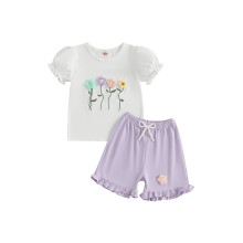 (5-6 Years, White) Conjunto de verão feminino infantil com blusa de manga curta e shorts elástico (2 peças).