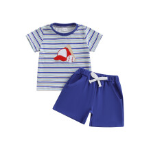 (2-3 Years, Navy Blue) Conjunto 2 peças menino: camiseta listrada com bordado de beisebol/tênis e shorts com elástico.