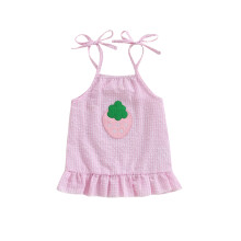 (2-3 Years, Pink) Kleines Erdbeer-Gingham-Kleid für Kinder, lockeres Design mit Spaghettiträgern und Rüschen, süßes Sommerkleid