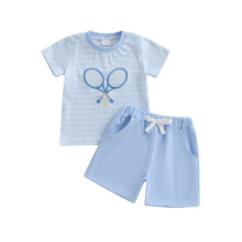 (18-24 Months, Sky Blue) Conjunto 2 peças menino: camiseta listrada com bordado de beisebol/tênis e shorts com elástico.