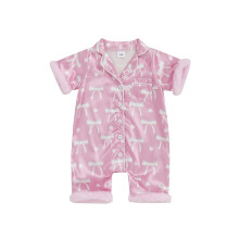 (12-18 Months, Pink) Piżama dla dziewczynki z kokardą, nadrukiem, mankietami z piór, krótkim rękawem, zapinana na guziki, satynowa