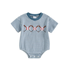 (12-18 Months, Blue) Tutine neonato baseball, ricami e righe, girocollo, maniche corte, estate, body salopette