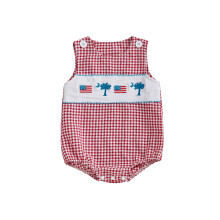 (12-18 Months, Red) Tutina neonato 4 luglio, ampia vestibilità, ricamo bandiera americana, a quadri, girocollo, senza maniche.