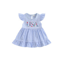 (12-18 Months, Blue) Vestido de niña para el 4 de julio, con volantes, cuello redondo y bordado floral. Ideal vestido A para niñas.