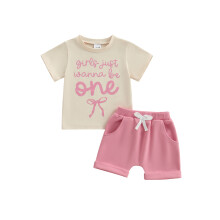(12-18 Months, Beige) Conjunto 2 peças 1º aniversário menina: blusa curta letras e laço + shorts lisos.