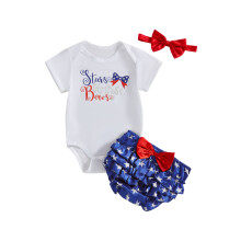 (9-12 Months, White) Conjunto 3 peças bebê menina: body manga curta, calcinha babados e faixa cabelo, estampa estrelas, 4 de julho.