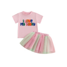 (2-3 Years, Pink) Conjunto de verão infantil para meninas: camiseta bordada e saia de tule. Roupa de 2 peças.