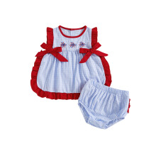 (6-9 Months, Blue) Conjunto para bebê menina - regata xadrez bordada e shorts com elástico. 2 peças - 4 de julho.
