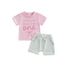 (12-18 Months, Gray) Conjunto 2 peças 1º aniversário menina: blusa curta letras e laço + shorts lisos.