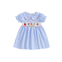 (2-3 Years, Blue) Kleid für Kleinkinder Mädchen mit Buchstaben- und Apfelstickerei, kariert, Kurzarm, lässiges Sommerkleid
