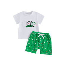 (12-18 Months, Green) Conjunto de aniversário menino: camiseta curta com bordado e bermuda polo com elástico.