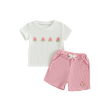 (3-4 Years, Pink) Conjunto de verão para bebês: camiseta curta e shorts com bordado de borboletas e sorvete (2 peças)