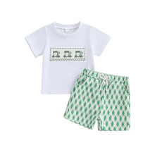 (2-3 Years, White) Conjunto de verão para bebê menino: camiseta bordada e shorts xadrez (2 peças).