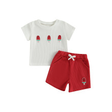 (12-18 Months, Red) Conjunto de verão para bebês: camiseta curta e shorts com bordado de borboletas e sorvete (2 peças)