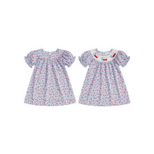(6-7 Years, Blue) Vestido de niña, manga corta, cuello redondo, bordado floral, vestido de verano.
