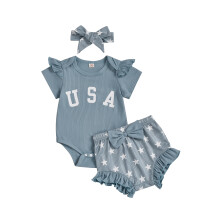 (3-6 Months, Blue) Conjunto patriótico para bebês meninas: body curto, shorts com babados e faixa de cabelo fofa.