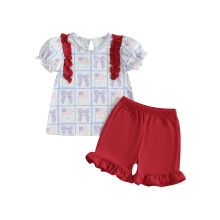 (2-3 Years, Red) Conjunto infantil feminino para o 4 de julho, com blusa curta estampada de laço e shorts lisos. 2 peças.