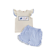 (3-4 Years, Khaki) Conjunto infantil feminino de verão com shorts, blusa de beisebol bordada com mangas bufantes e shorts xadrez.