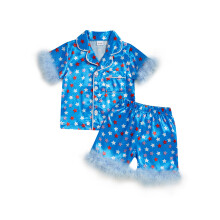 (5-6 Years, Blue) Conjunto de pijama infantil para o Dia da Independência dos EUA, com blusa de manga curta e shorts estampados.