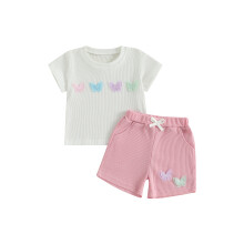(2-3 Years, Multi-Color) Conjunto de verão para bebês: camiseta curta e shorts com bordado de borboletas e sorvete (2 peças)
