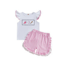(3-4 Years, White) Conjunto infantil feminino de verão com shorts, blusa de beisebol bordada com mangas bufantes e shorts xadrez.