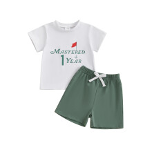 (12-18 Months, Green) Narozeninové kraťasy pro chlapce, sada s krátkým rukávem, golfový potisk a jednobarevné kraťasy