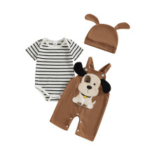 (12-18 Months, Khaki) Outfit pro chlapečka, krátký rukáv s pruhy, overal s kresleným pejskem, kalhoty a čepice, letní outfit