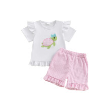 (12-18 Months, White) Conjunto de verão para menina com blusa bordada de tartaruga e shorts elástico. 2 peças