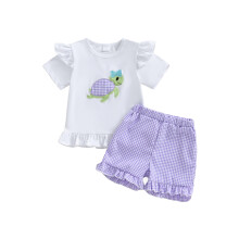 (4T, PURPLE) Conjunto de verão para menina com blusa bordada de tartaruga e shorts elástico. 2 peças