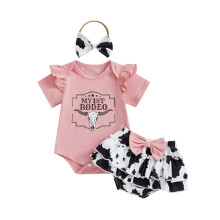 (12-18 Months, Pink) Conjunto Bebê Menina Estampa Western: Macacão Curto, Shorts com Babados e Faixa com Laço